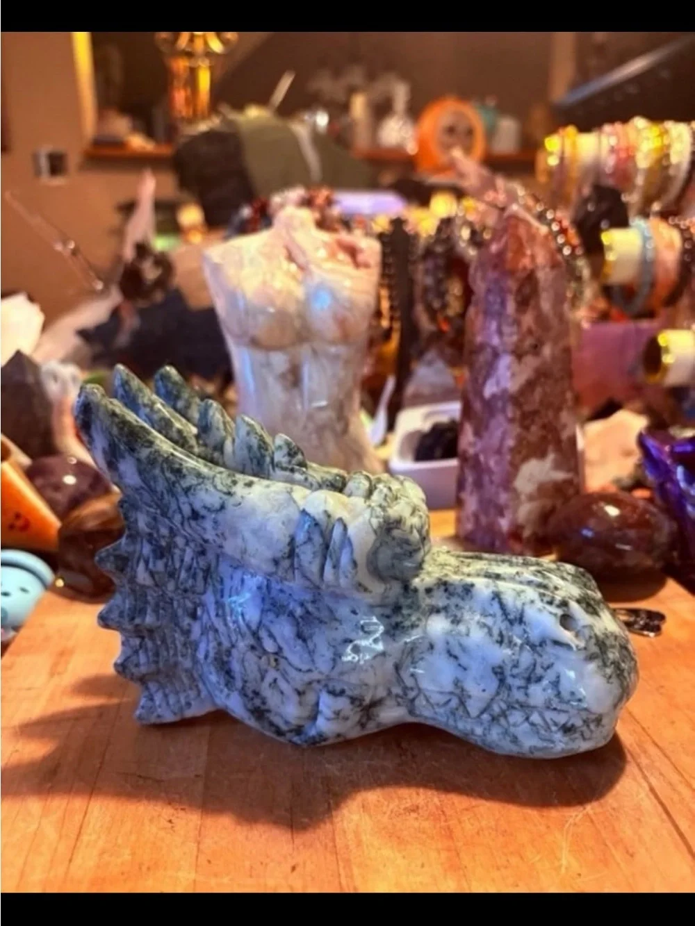 Hand-Carved Green and White Moss Agate Dragon Head